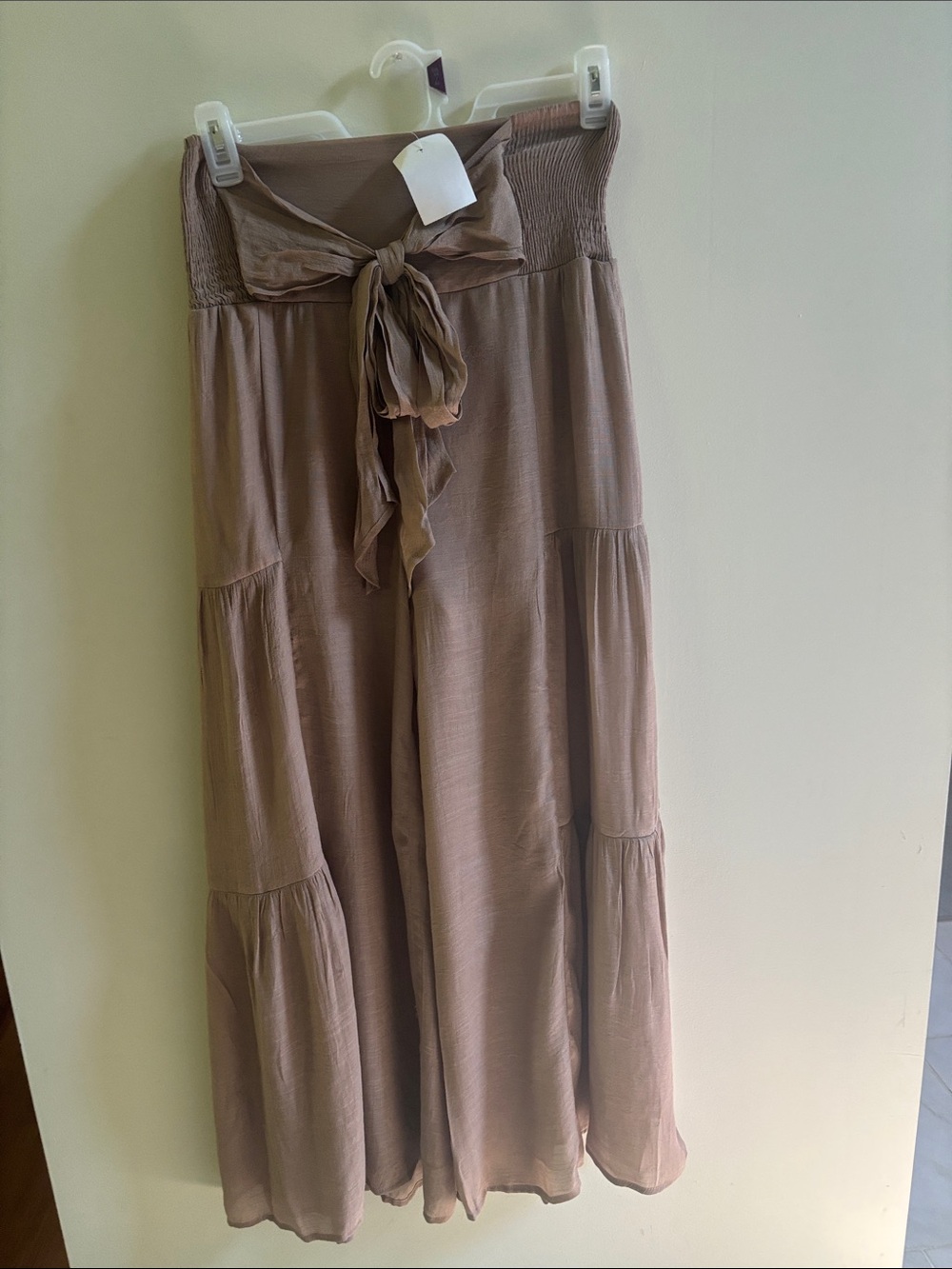 Women's Taupe Tiered Wide Legged Pants with Tie Waist